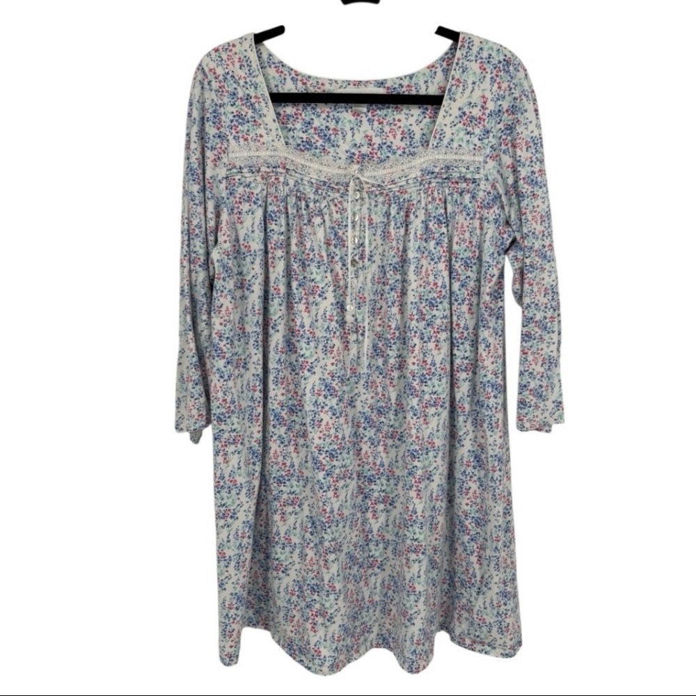 Eileen West Floral Nightgown White Pink Blue Lace Square Neck Button Front Large